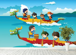 Happy kids in a boat race Wall Mural Wallpaper - Canvas Art Rocks - 4