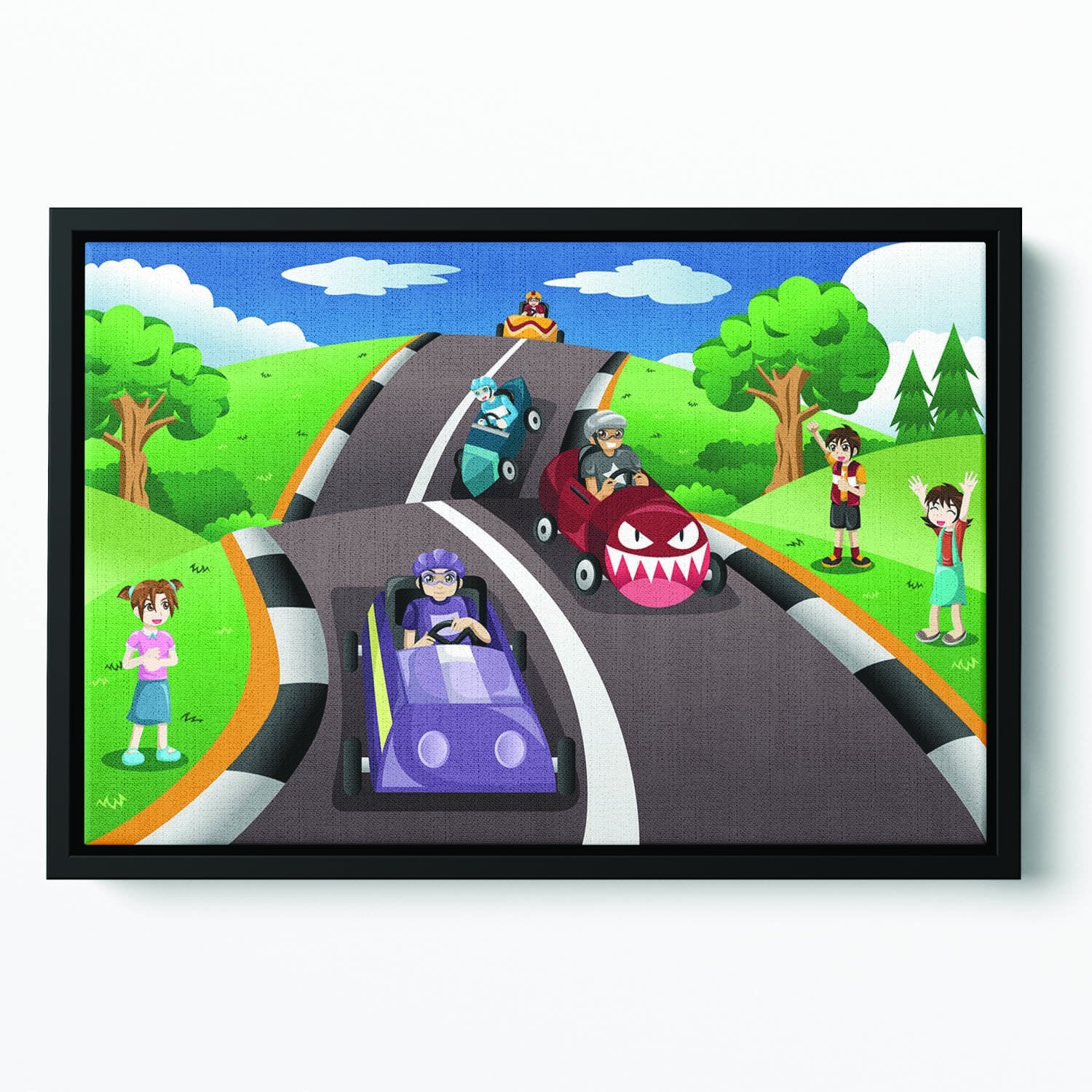 Happy kids in a box car race Floating Framed Canvas