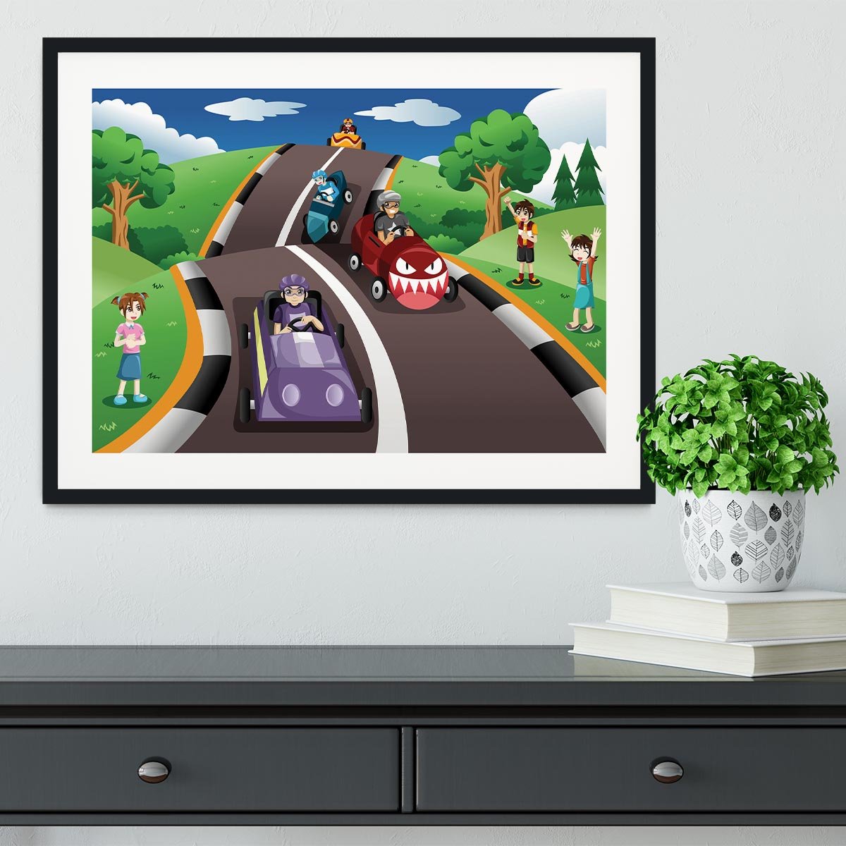 Happy kids in a box car race Framed Print - Canvas Art Rocks - 1