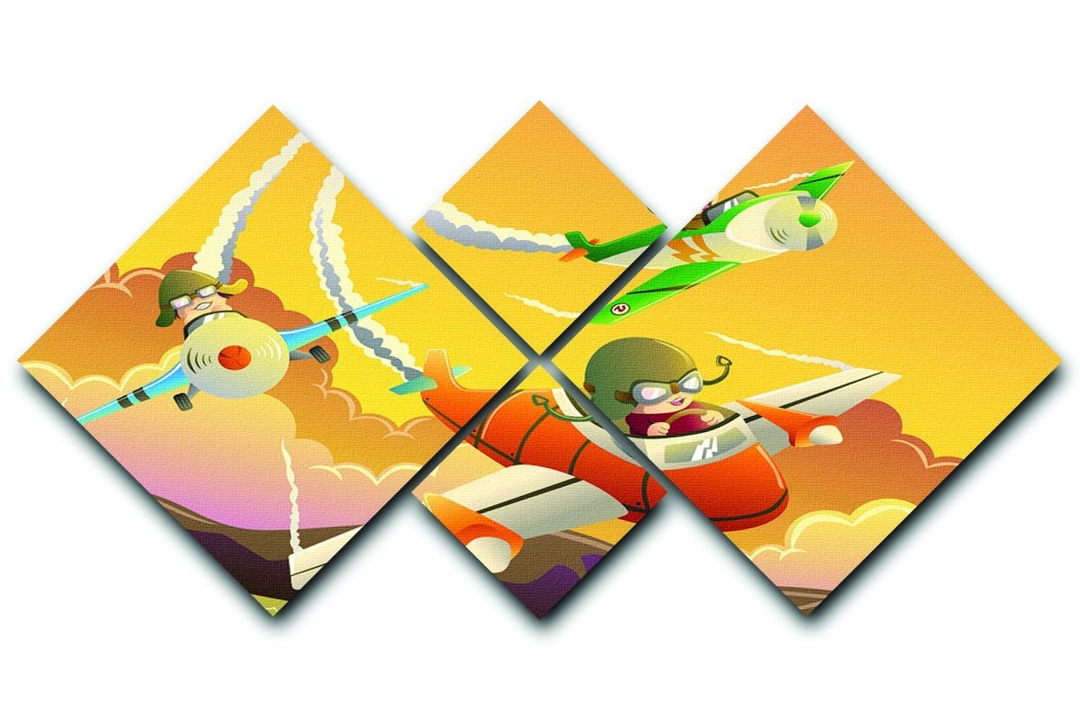 Happy kids in an airplane race 4 Square Multi Panel Canvas  - Canvas Art Rocks - 1