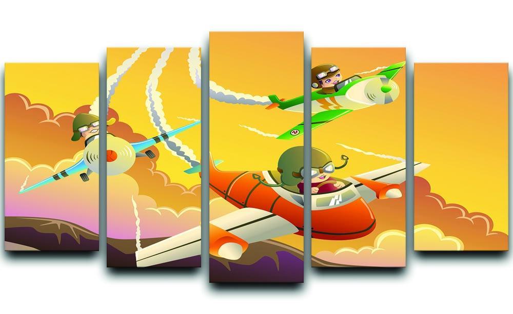 Happy kids in an airplane race 5 Split Panel Canvas  - Canvas Art Rocks - 1