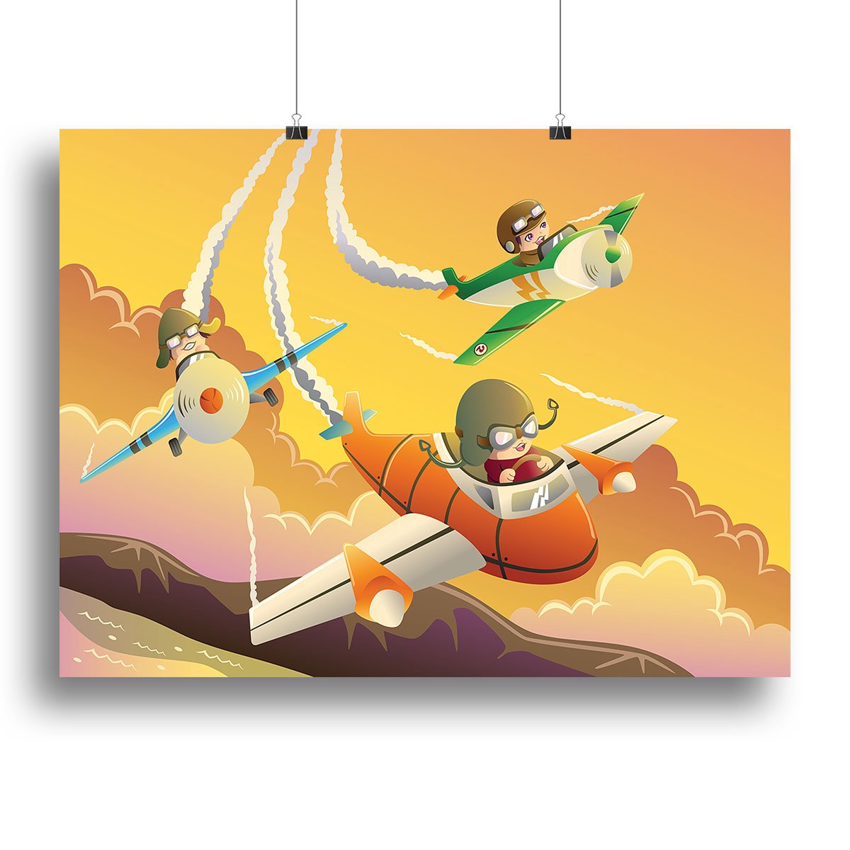 Happy kids in an airplane race Canvas Print or Poster