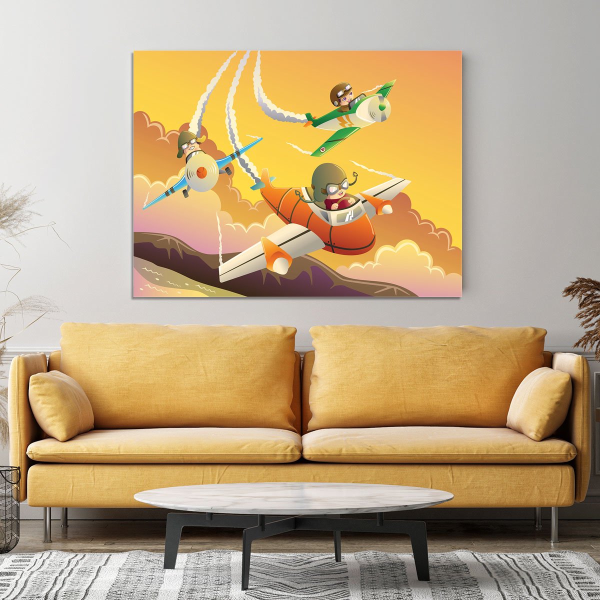 Happy kids in an airplane race Canvas Print or Poster