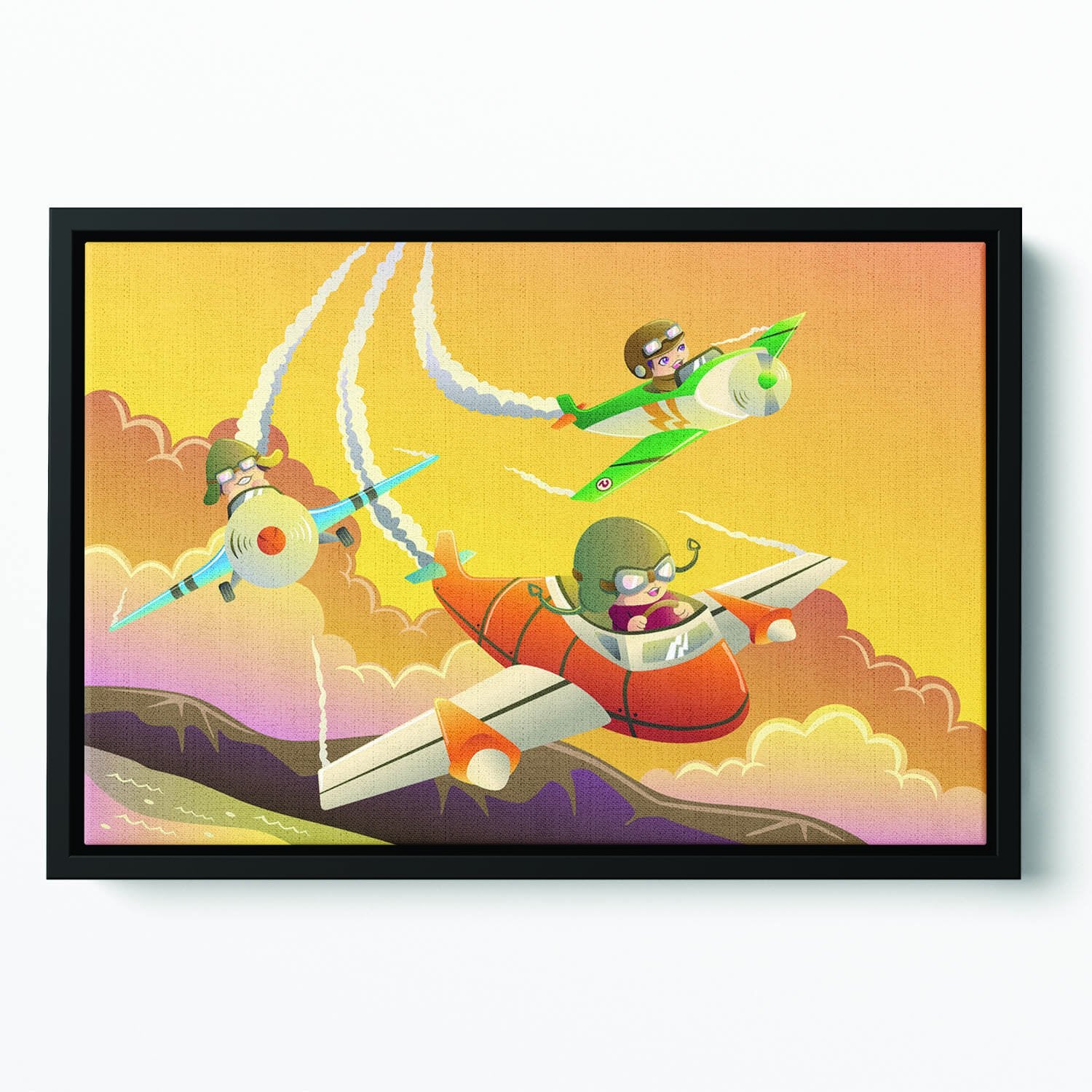 Happy kids in an airplane race Floating Framed Canvas