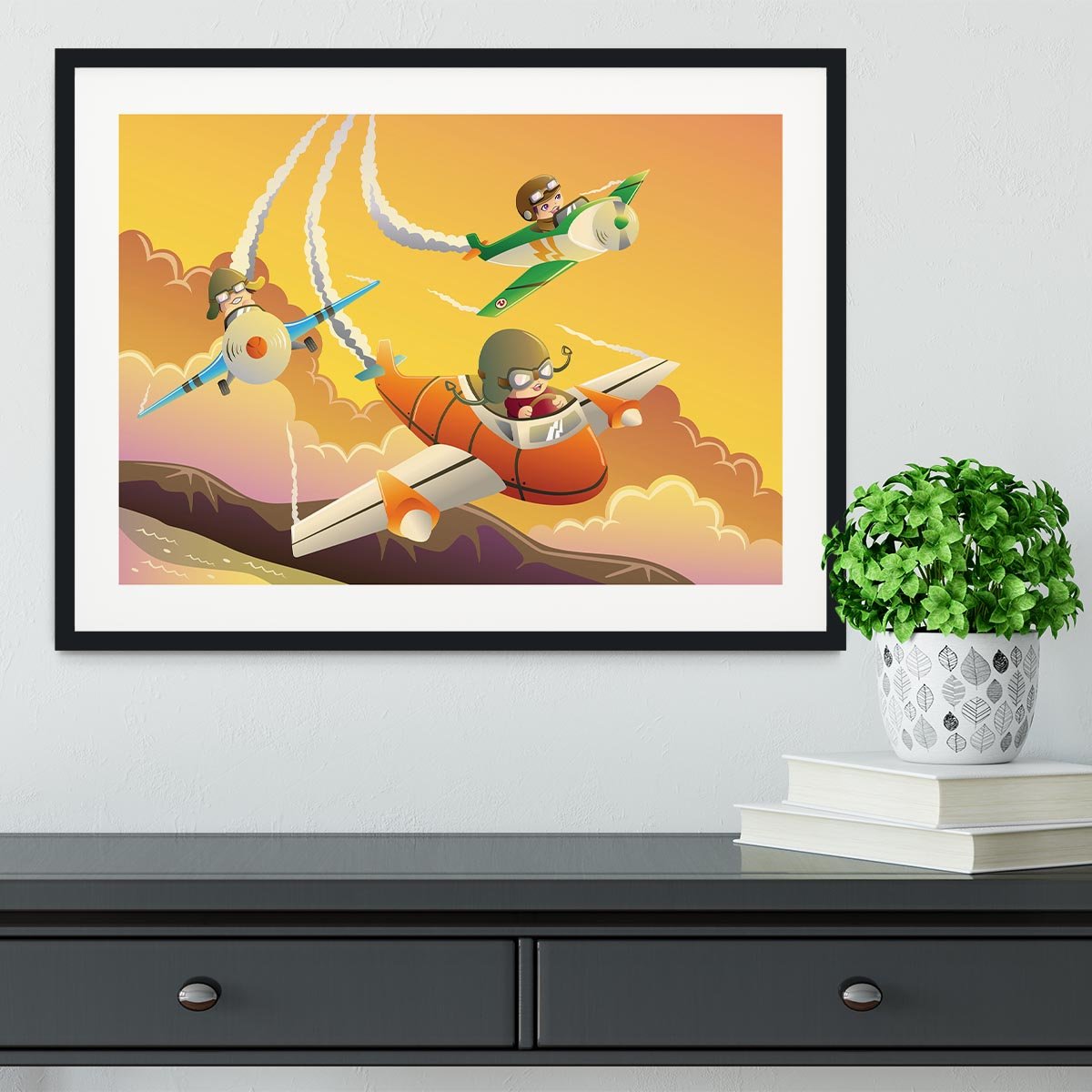 Happy kids in an airplane race Framed Print - Canvas Art Rocks - 1