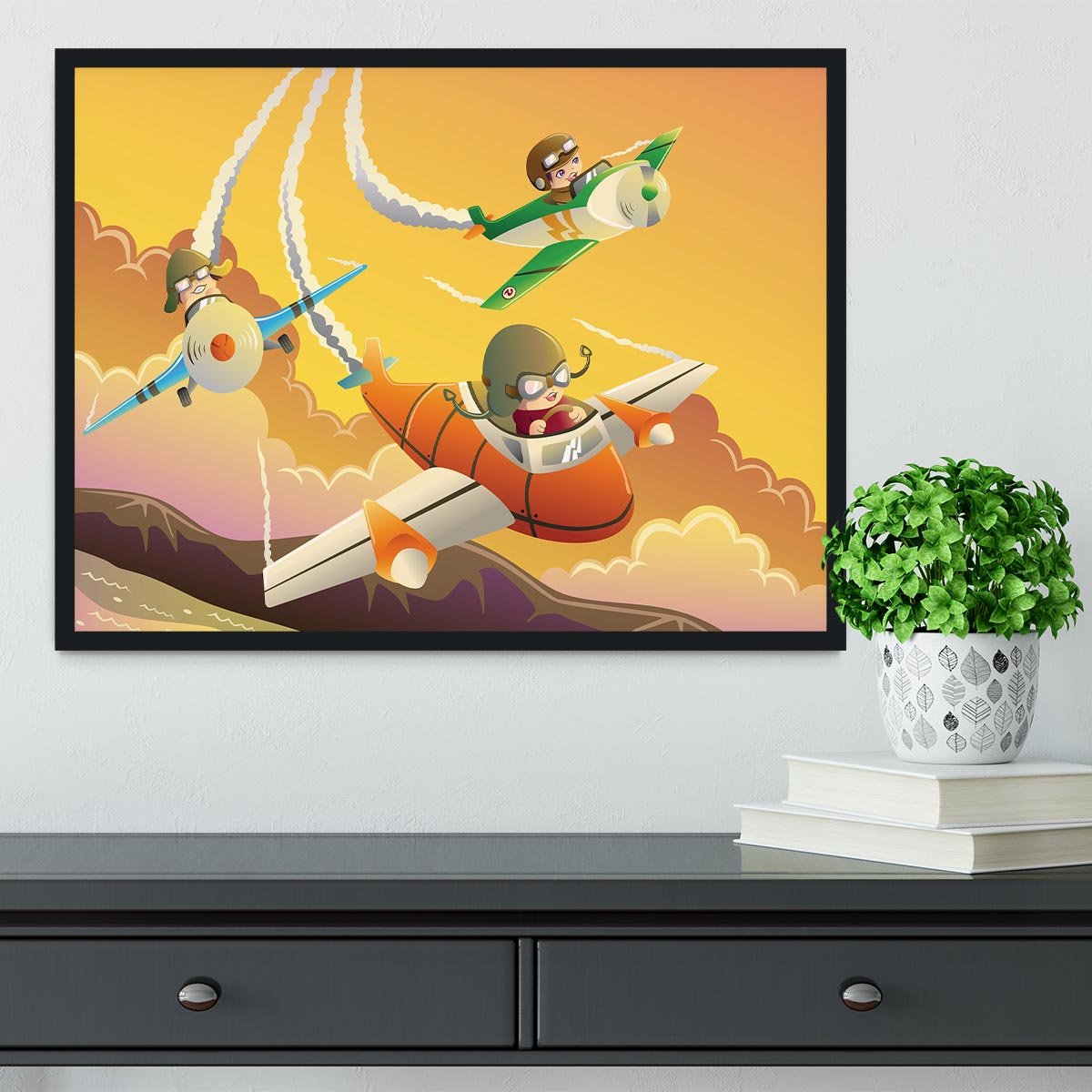 Happy kids in an airplane race Framed Print - Canvas Art Rocks - 2