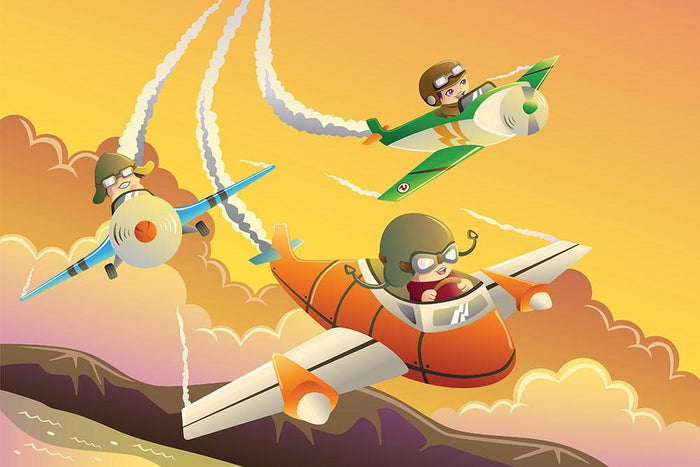 Happy kids in an airplane race Wall Mural Wallpaper