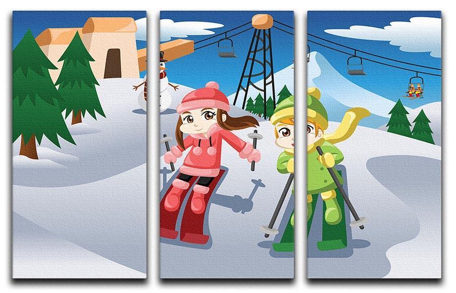 Happy kids skiing together 3 Split Panel Canvas Print - Canvas Art Rocks - 1