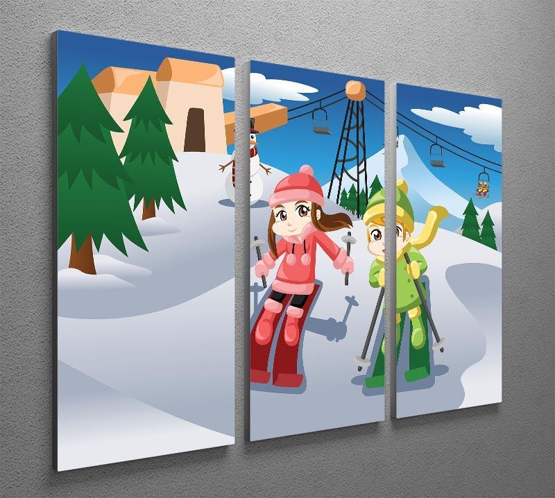 Happy kids skiing together 3 Split Panel Canvas Print - Canvas Art Rocks - 2