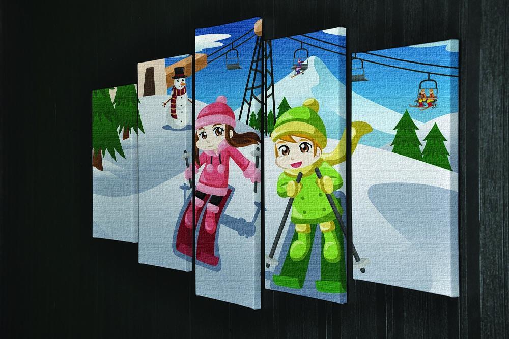 Happy kids skiing together 5 Split Panel Canvas - Canvas Art Rocks - 2
