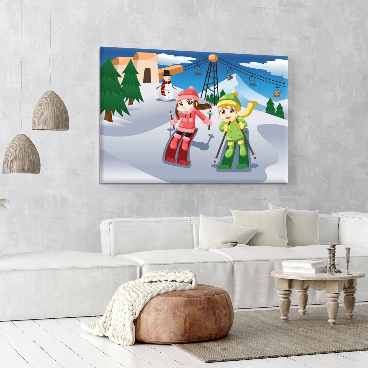 Happy kids skiing together Canvas Print or Poster