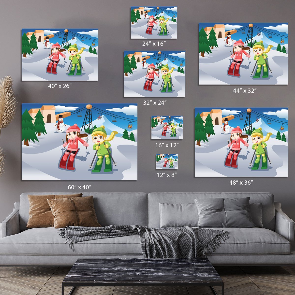 Happy kids skiing together Canvas Print or Poster