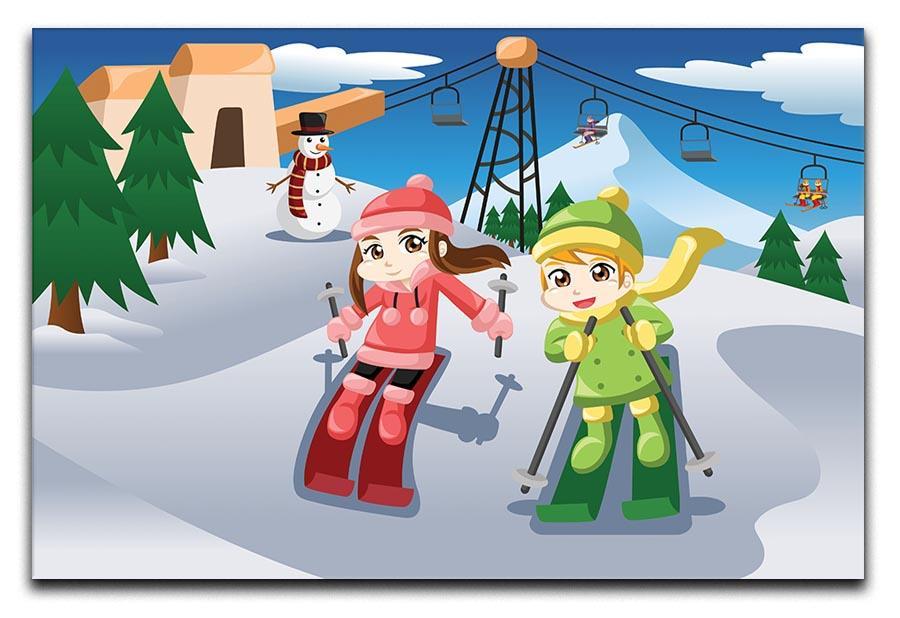 Happy kids skiing together Canvas Print or Poster  - Canvas Art Rocks - 1