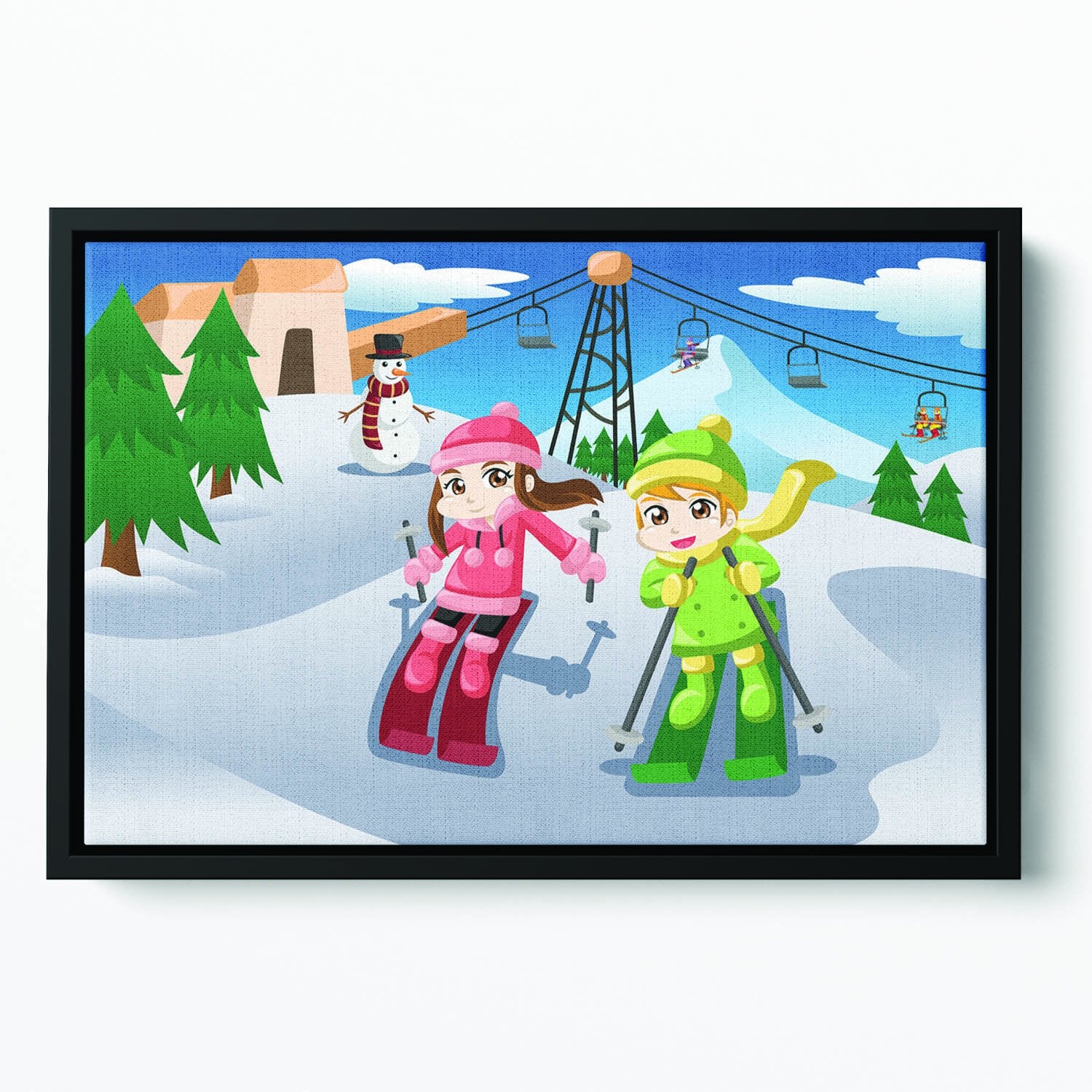 Happy kids skiing together Floating Framed Canvas