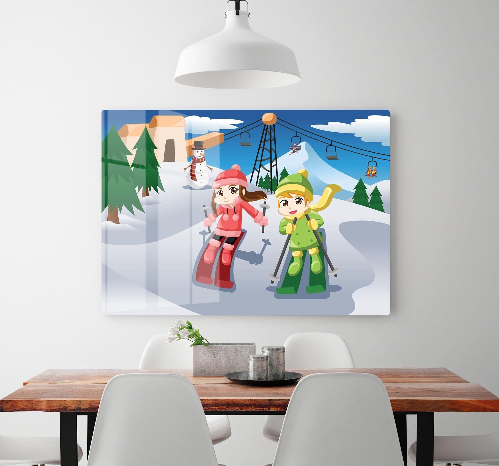 Happy kids skiing together HD Metal Print