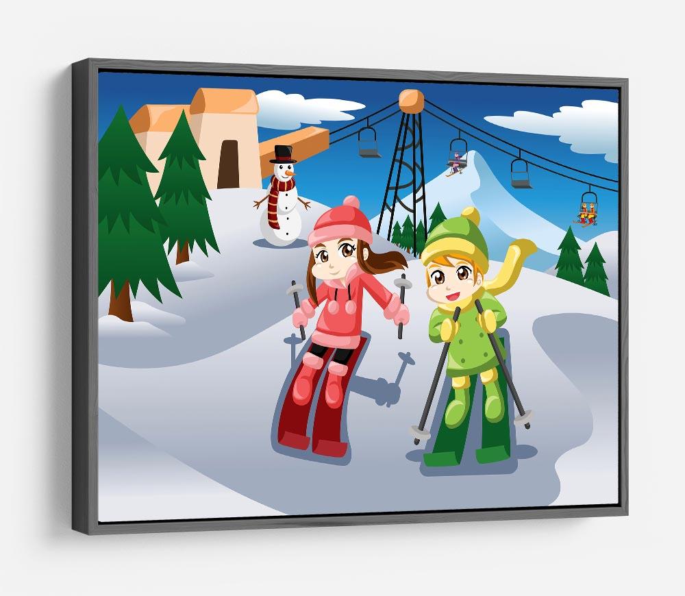 Happy kids skiing together HD Metal Print