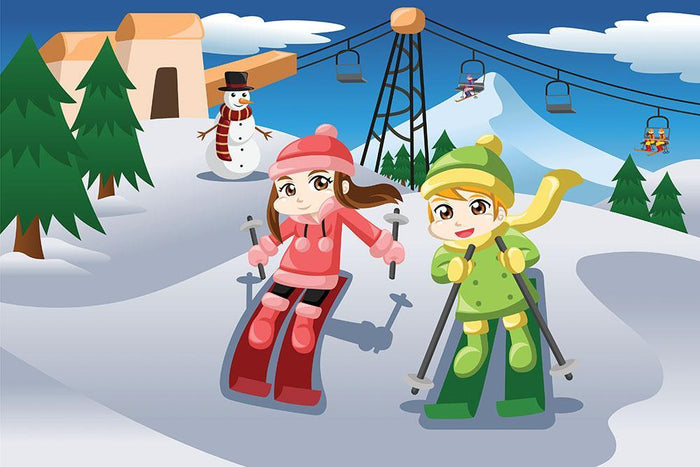 Happy kids skiing together Wall Mural Wallpaper