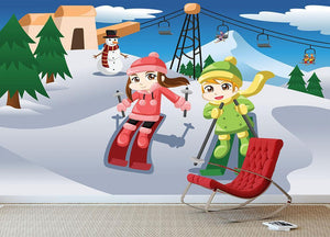 Happy kids skiing together Wall Mural Wallpaper - Canvas Art Rocks - 3