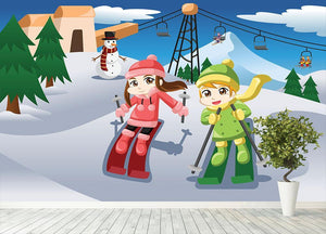 Happy kids skiing together Wall Mural Wallpaper - Canvas Art Rocks - 4