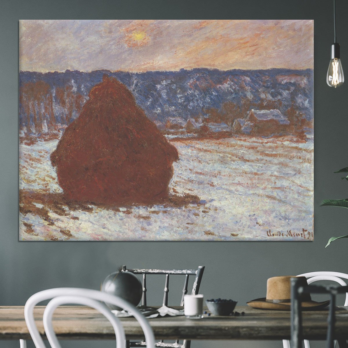 Haystacks snow covered the sky by Monet Canvas Print or Poster