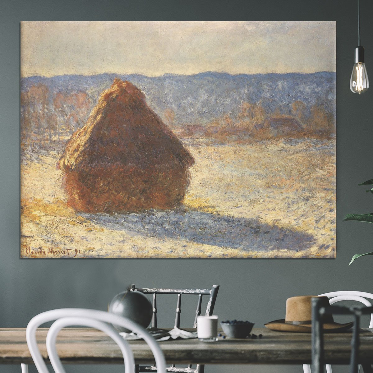 Haystacks snow morning by Monet Canvas Print or Poster
