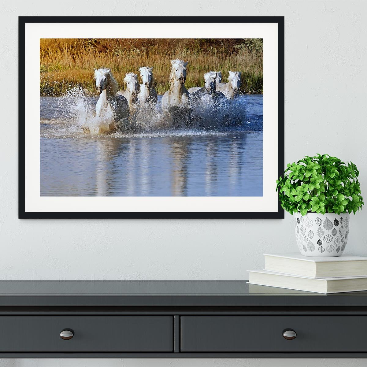 Heard of White Horses Running and splashing Framed Print - Canvas Art Rocks - 1