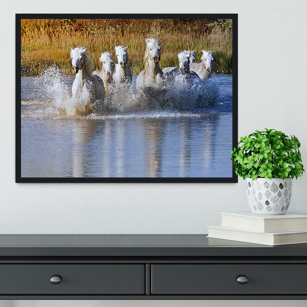 Heard of White Horses Running and splashing Framed Print - Canvas Art Rocks - 2