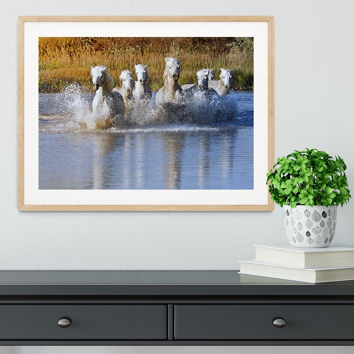 Heard of White Horses Running and splashing Framed Print - Canvas Art Rocks - 3