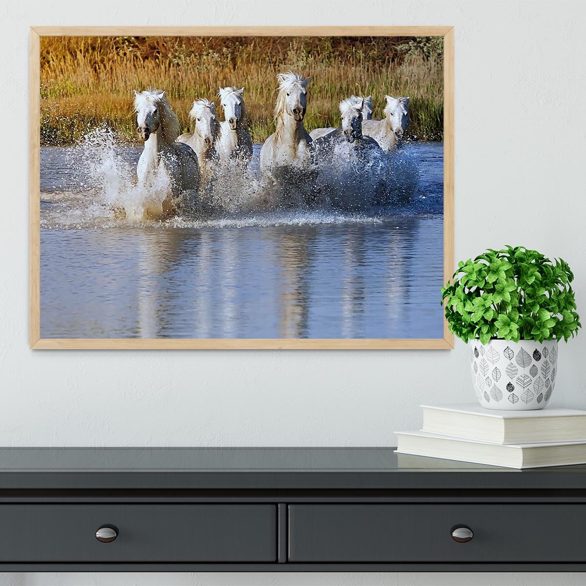 Heard of White Horses Running and splashing Framed Print - Canvas Art Rocks - 4