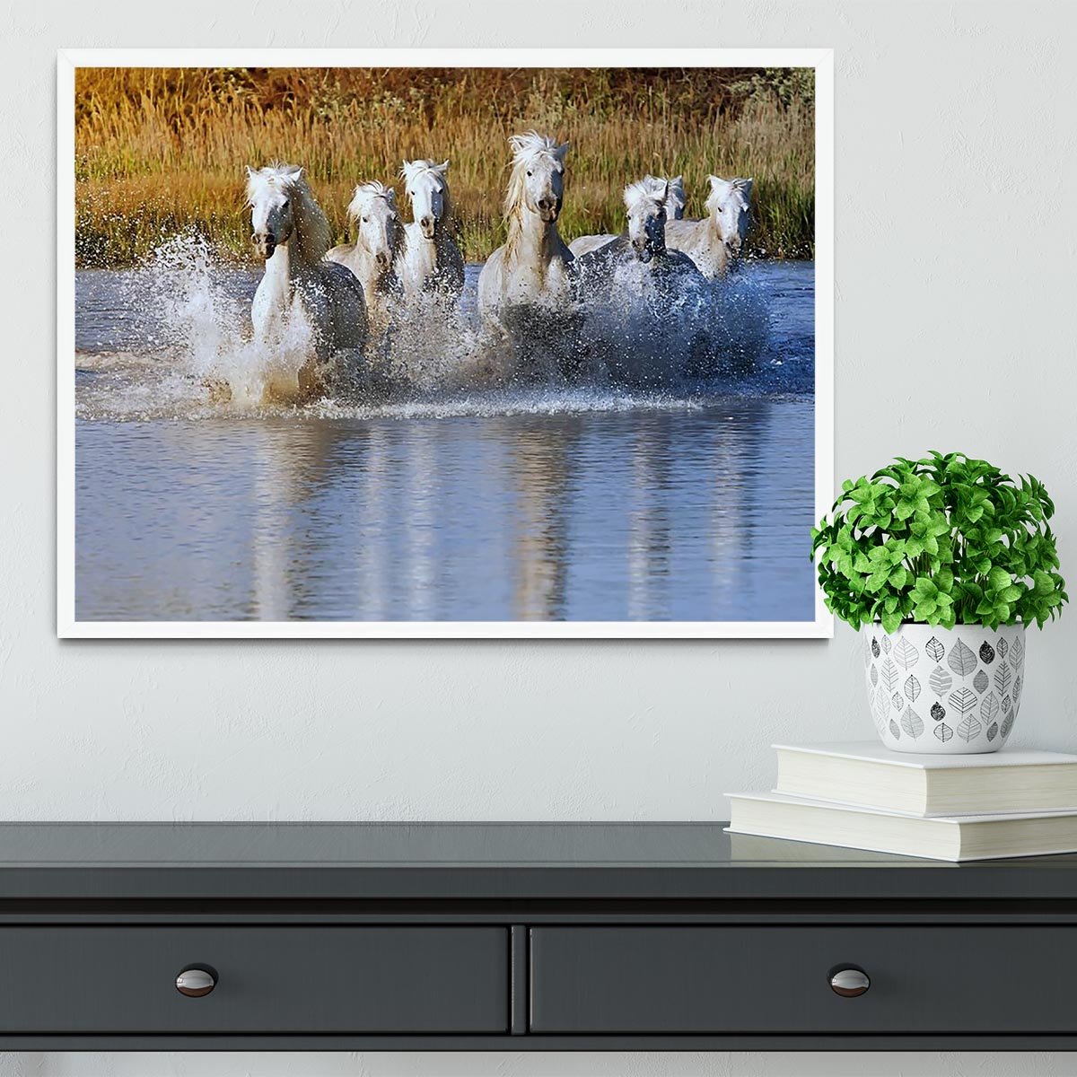 Heard of White Horses Running and splashing Framed Print - Canvas Art Rocks -6