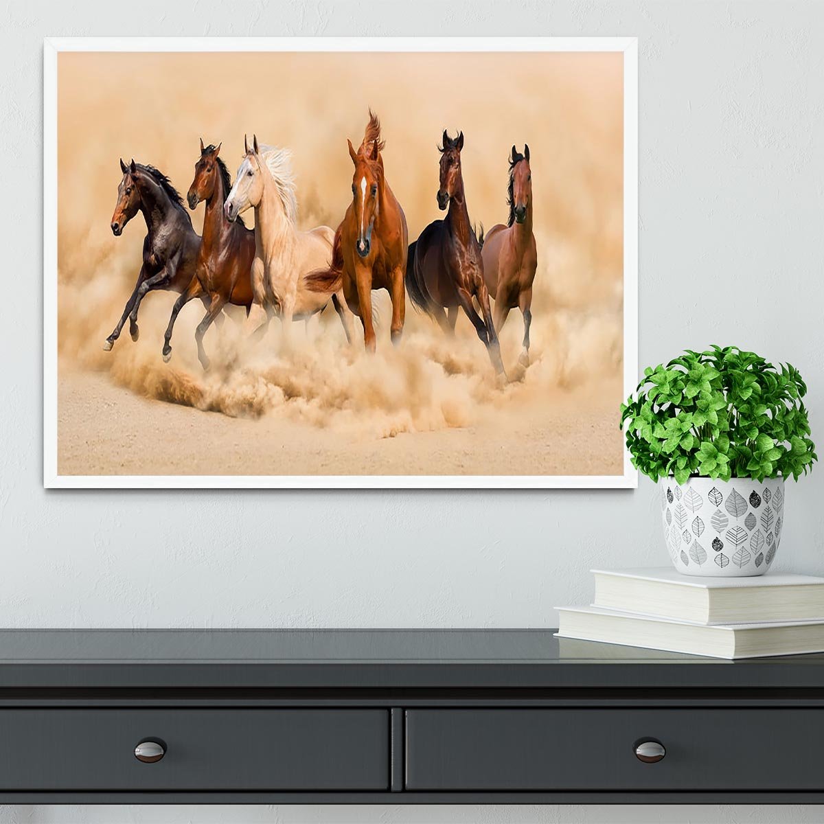 Horse herd run in desert sand storm Framed Print - Canvas Art Rocks -6