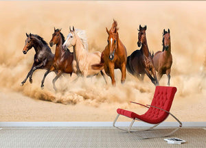 Horse herd run in desert sand storm Wall Mural Wallpaper - Canvas Art Rocks - 2