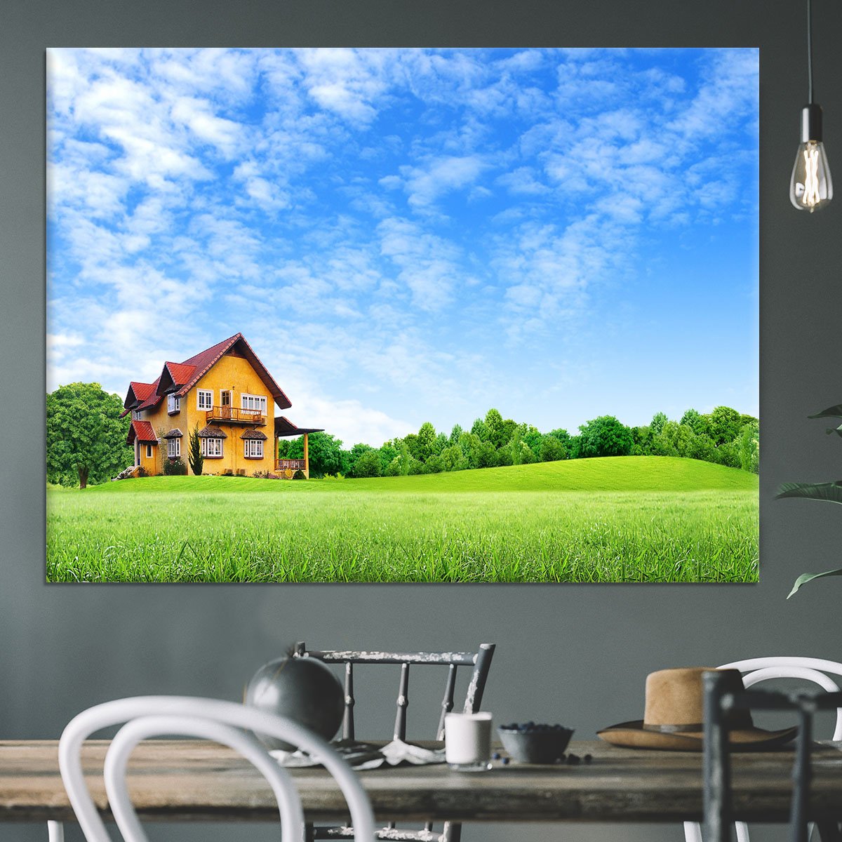 House on green field Canvas Print or Poster