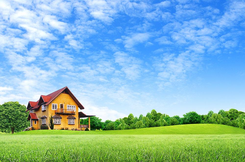 House on green field Wall Mural Wallpaper - Canvas Art Rocks - 1