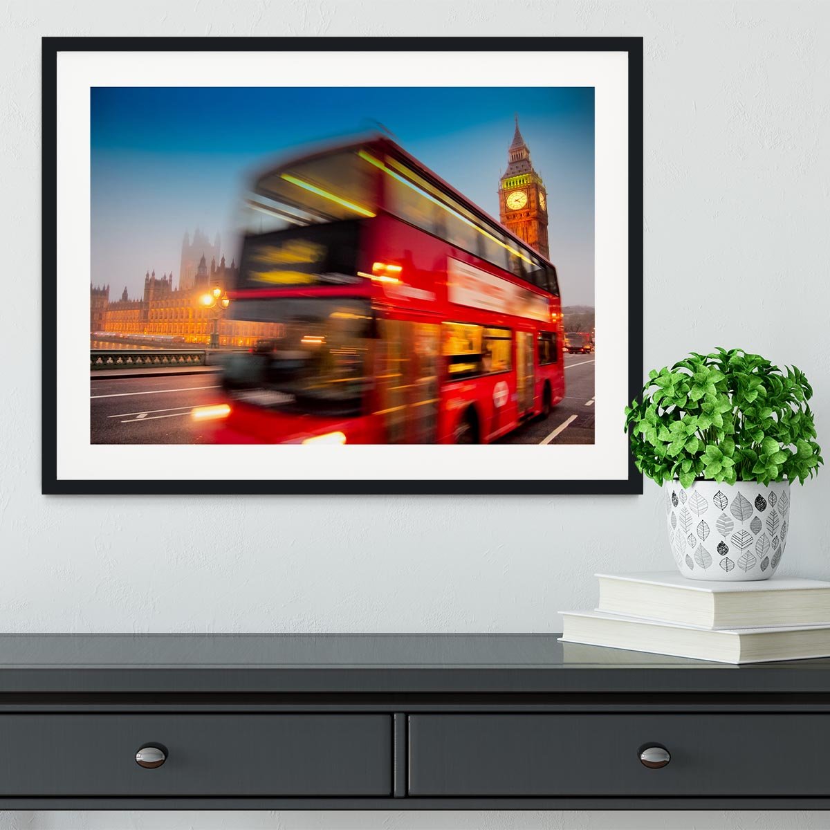 Houses Of Parliament red double-decker bus Framed Print - Canvas Art Rocks - 1