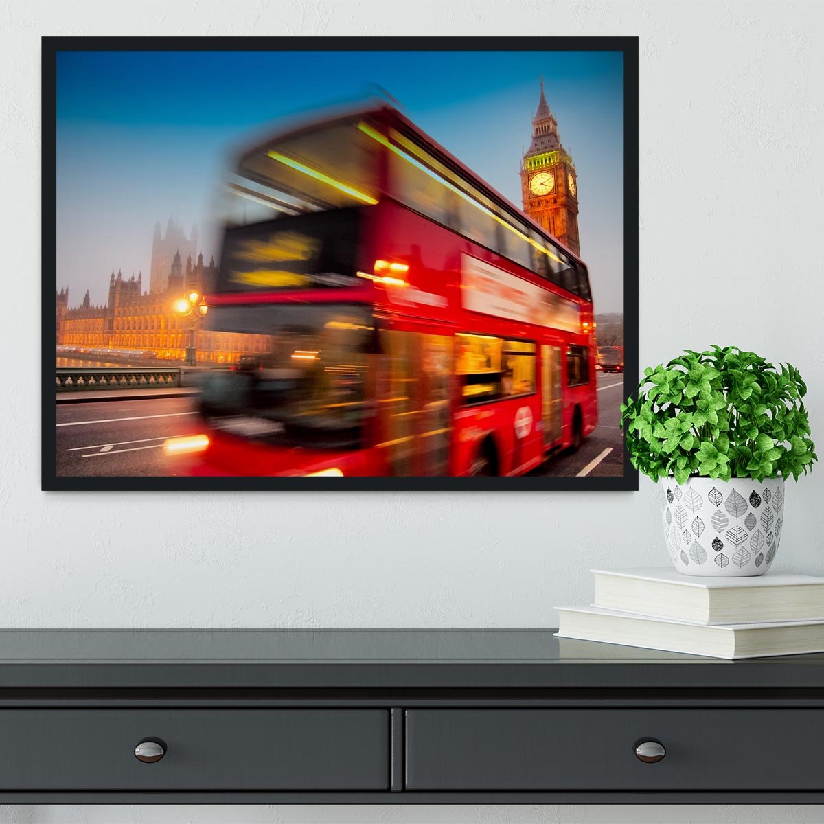 Houses Of Parliament red double-decker bus Framed Print - Canvas Art Rocks - 2