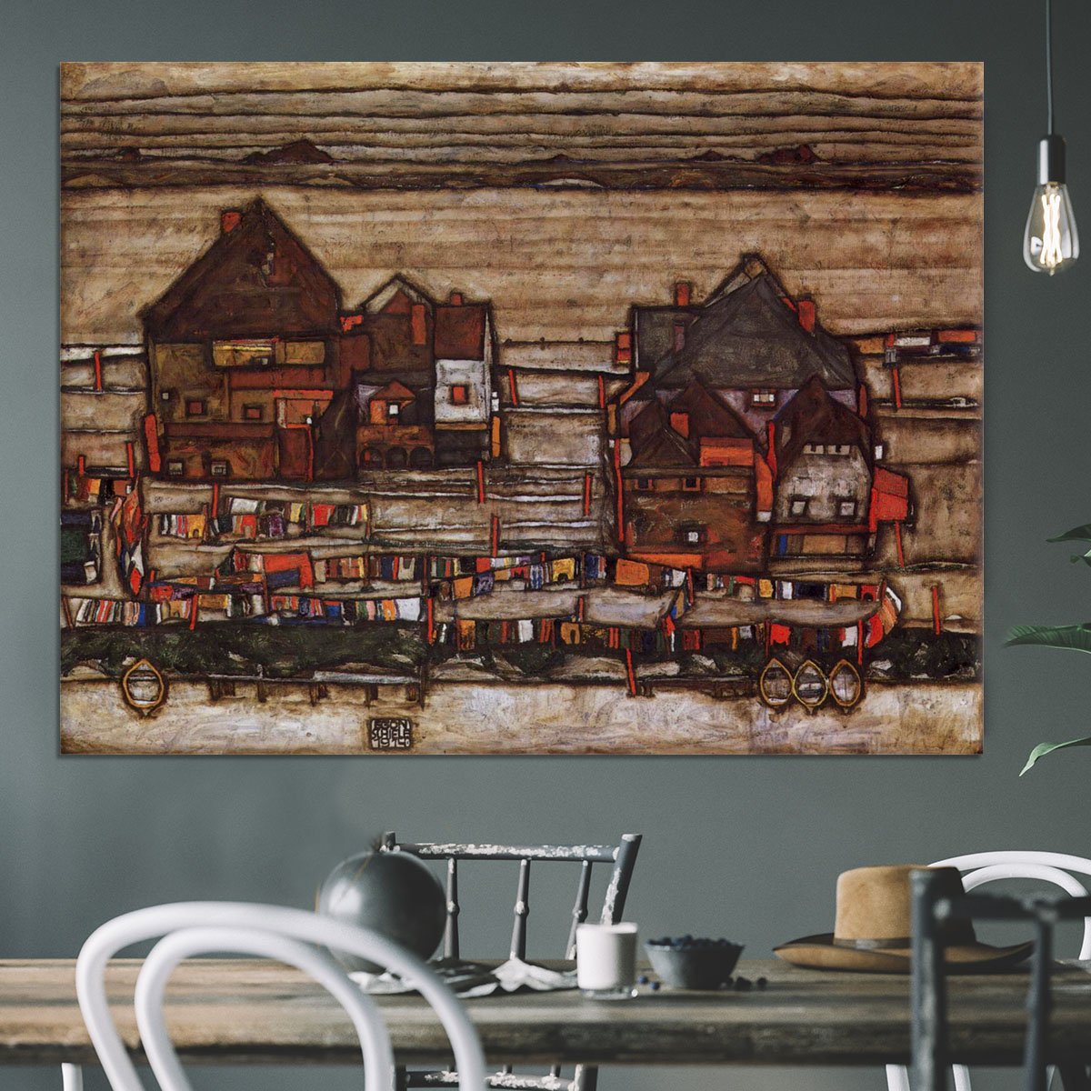 Houses with laundry lines and suburban by Egon Schiele Canvas Print or Poster