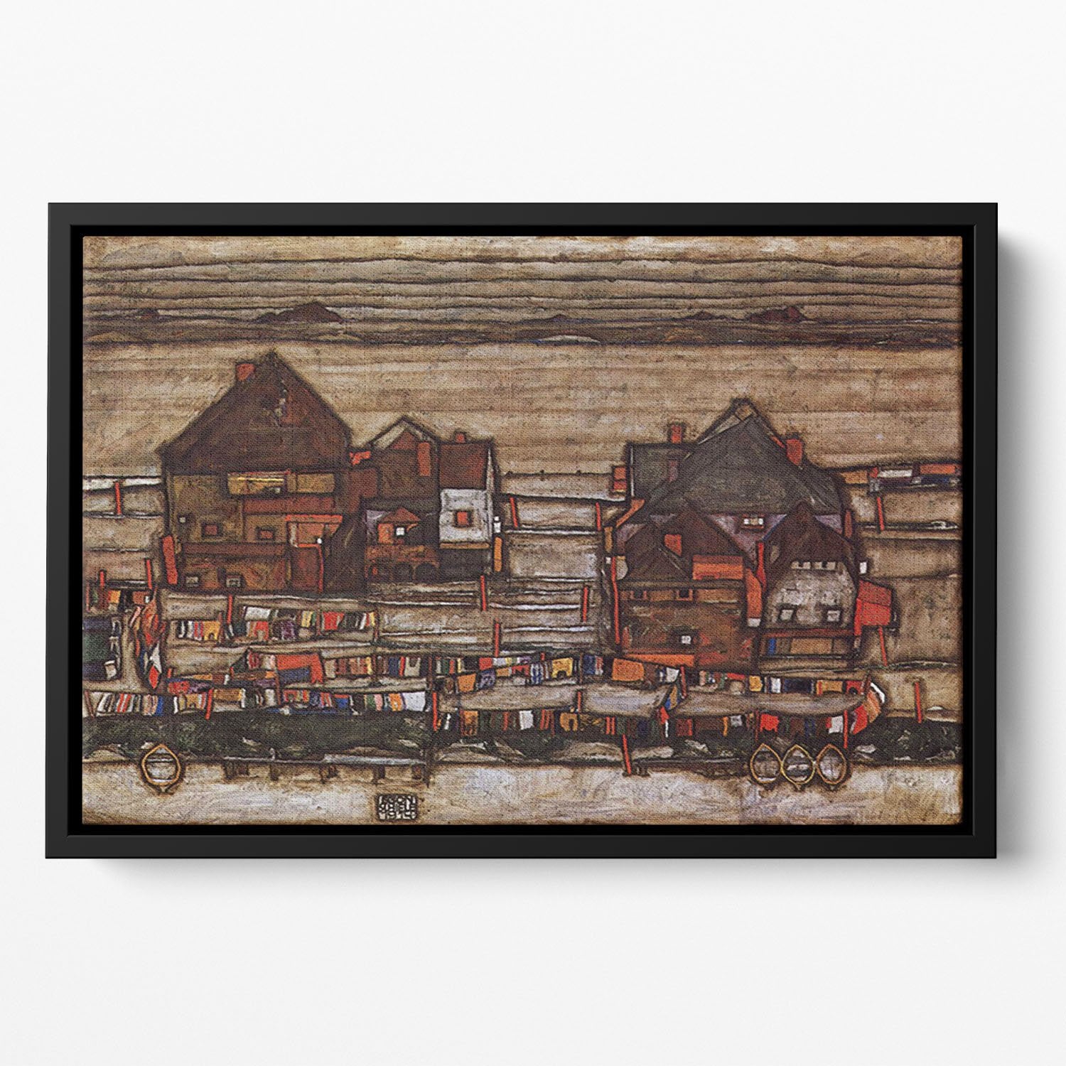 Houses with laundry lines and suburban by Egon Schiele Floating Framed Canvas