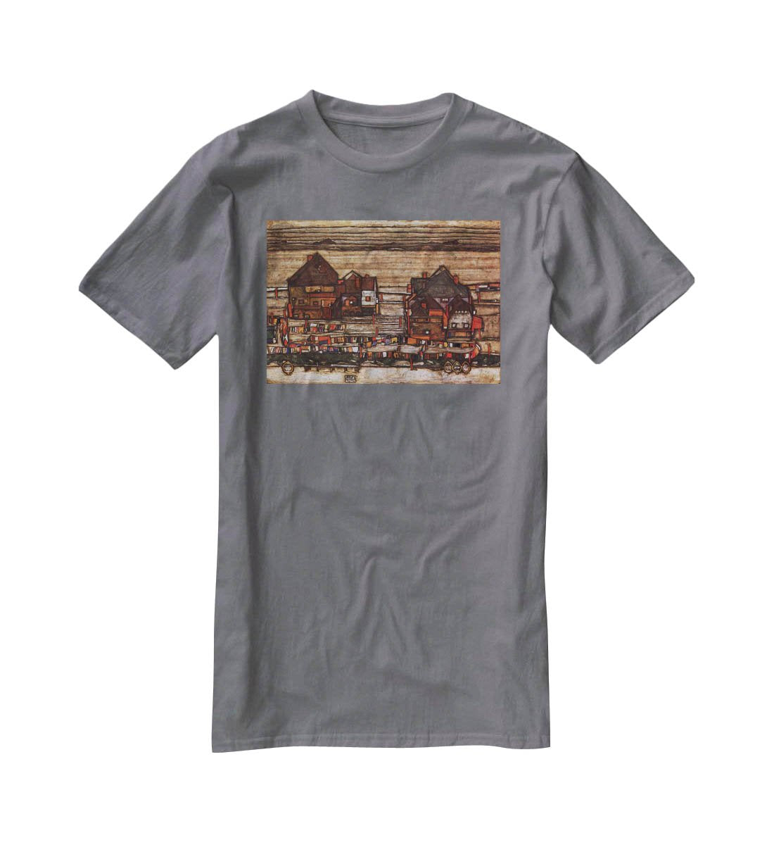 Houses with laundry lines and suburban by Egon Schiele T-Shirt - Canvas Art Rocks - 3