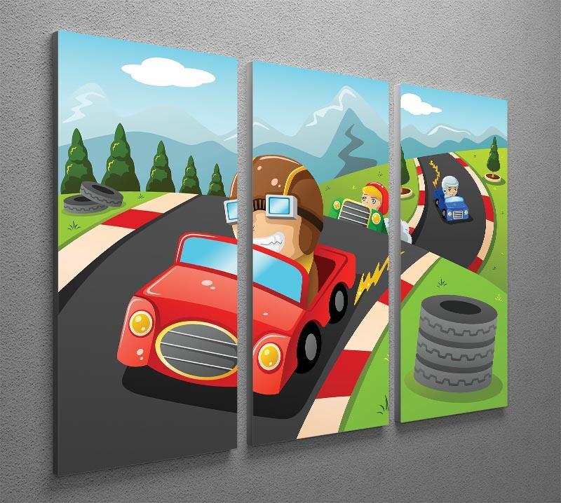 Illustration of happy kids in a car racing 3 Split Panel Canvas Print - Canvas Art Rocks - 2