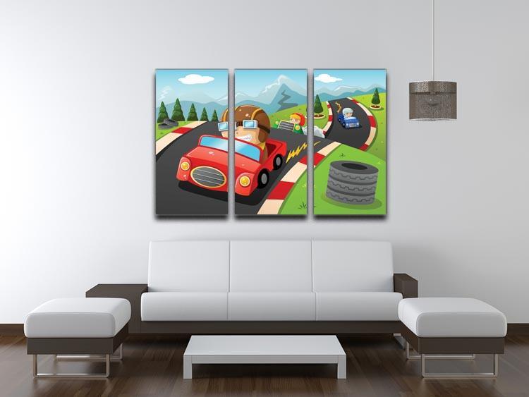 Illustration of happy kids in a car racing 3 Split Panel Canvas Print - Canvas Art Rocks - 3
