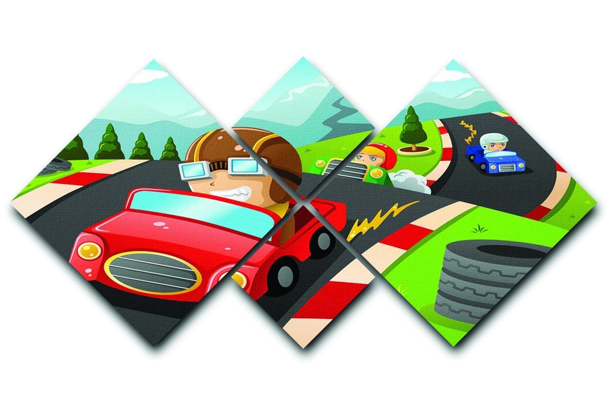 Illustration of happy kids in a car racing 4 Square Multi Panel Canvas  - Canvas Art Rocks - 1