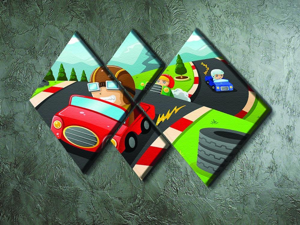 Illustration of happy kids in a car racing 4 Square Multi Panel Canvas - Canvas Art Rocks - 2