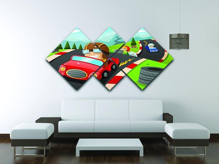 Illustration of happy kids in a car racing 4 Square Multi Panel Canvas - Canvas Art Rocks - 3