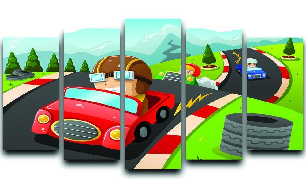 Illustration of happy kids in a car racing 5 Split Panel Canvas  - Canvas Art Rocks - 1