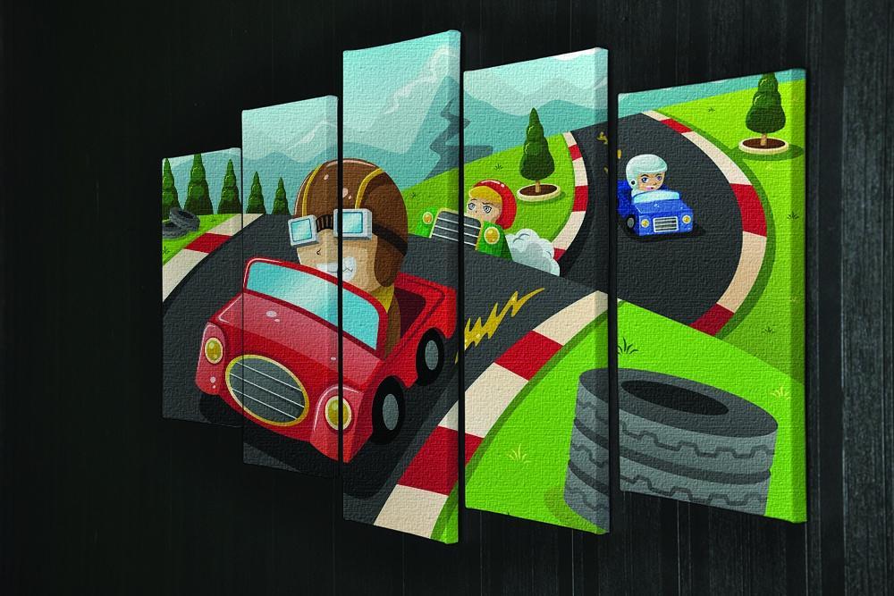 Illustration of happy kids in a car racing 5 Split Panel Canvas - Canvas Art Rocks - 2