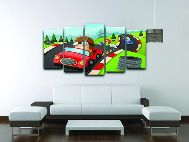 Illustration of happy kids in a car racing 5 Split Panel Canvas - Canvas Art Rocks - 3