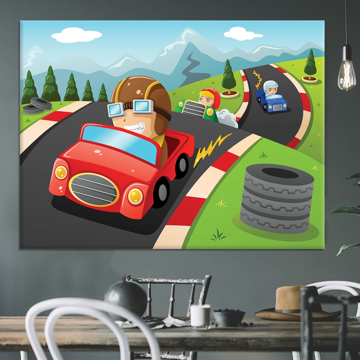 Illustration of happy kids in a car racing Canvas Print or Poster