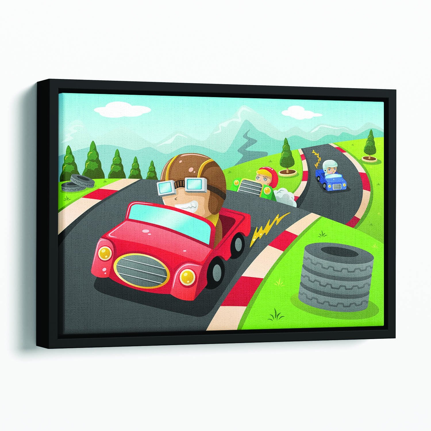Illustration of happy kids in a car racing Floating Framed Canvas