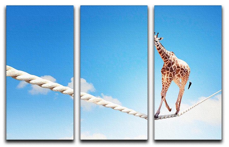 Image of giraffe walking on rope high in sky 3 Split Panel Canvas Print - Canvas Art Rocks - 1